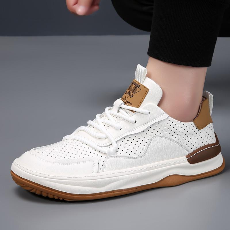 Leather Men's Shoes Thick-soled Breathable Hollow Casual Hole Shoes Men's Spring New White Shoes Tide