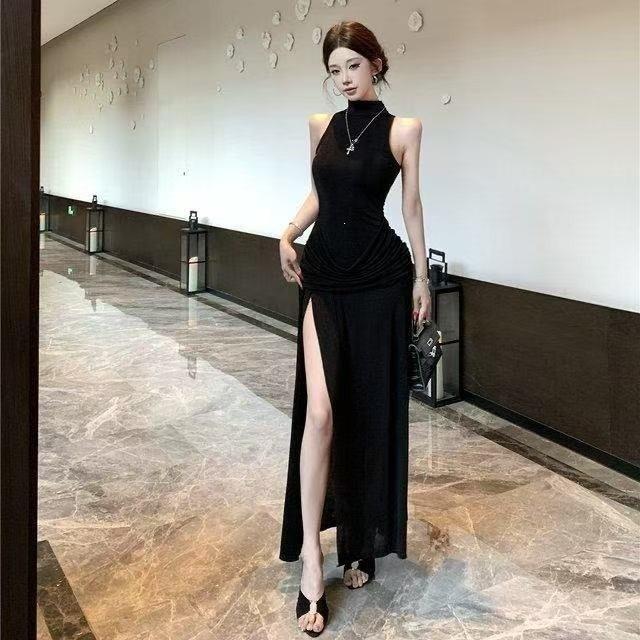 Sexy Sleeveless Vest Dress Women's High Sense Slim Fit High Split Long Dress Evening Dress Temperament Socialite Royal Sister Dress