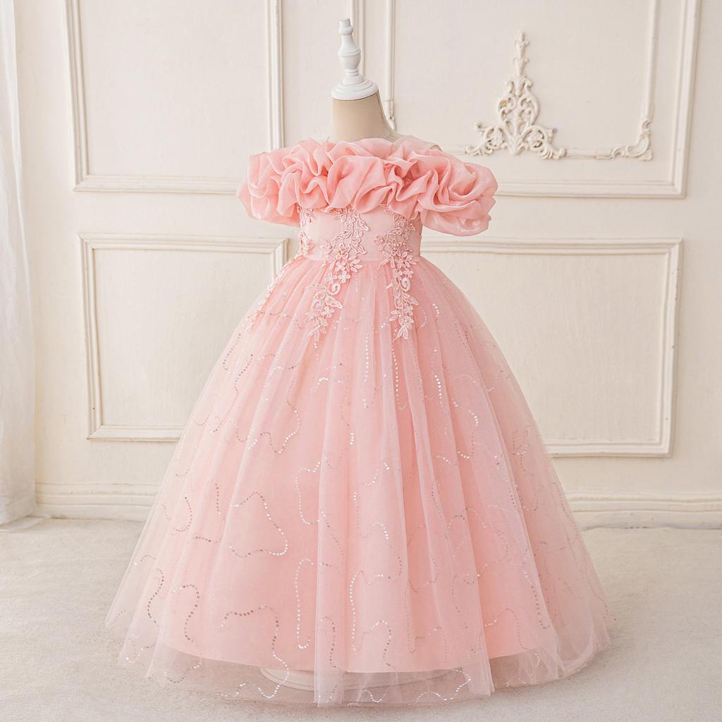 Abito da Principessa Ricamato con Perle per Bambina 4-12 Anni Moda Spalle Scoperte Manica a Sbuffo Abito in Rete Compleanno Matrimonio Damigella