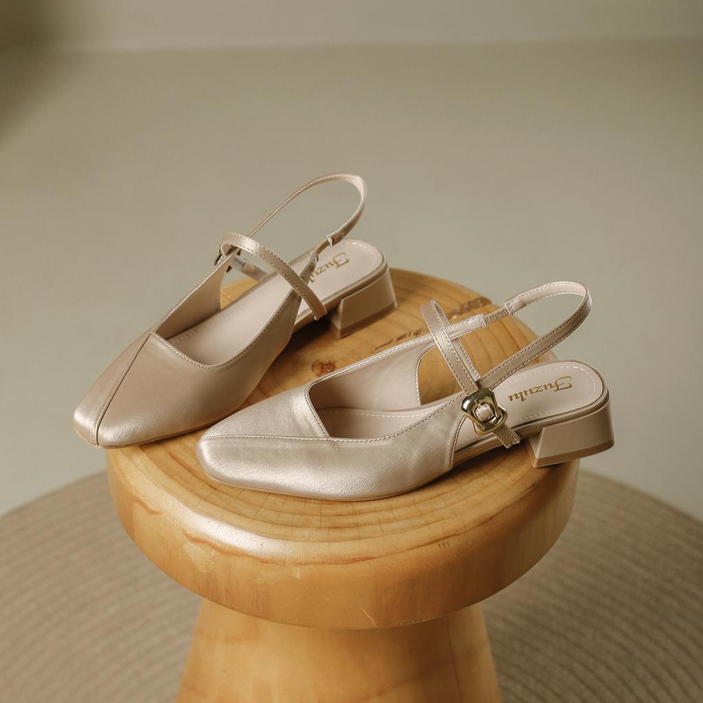 Retro square head high heels women's cheongsam summer new one-word buckle Mary Jane bag head empty thick heel sandals