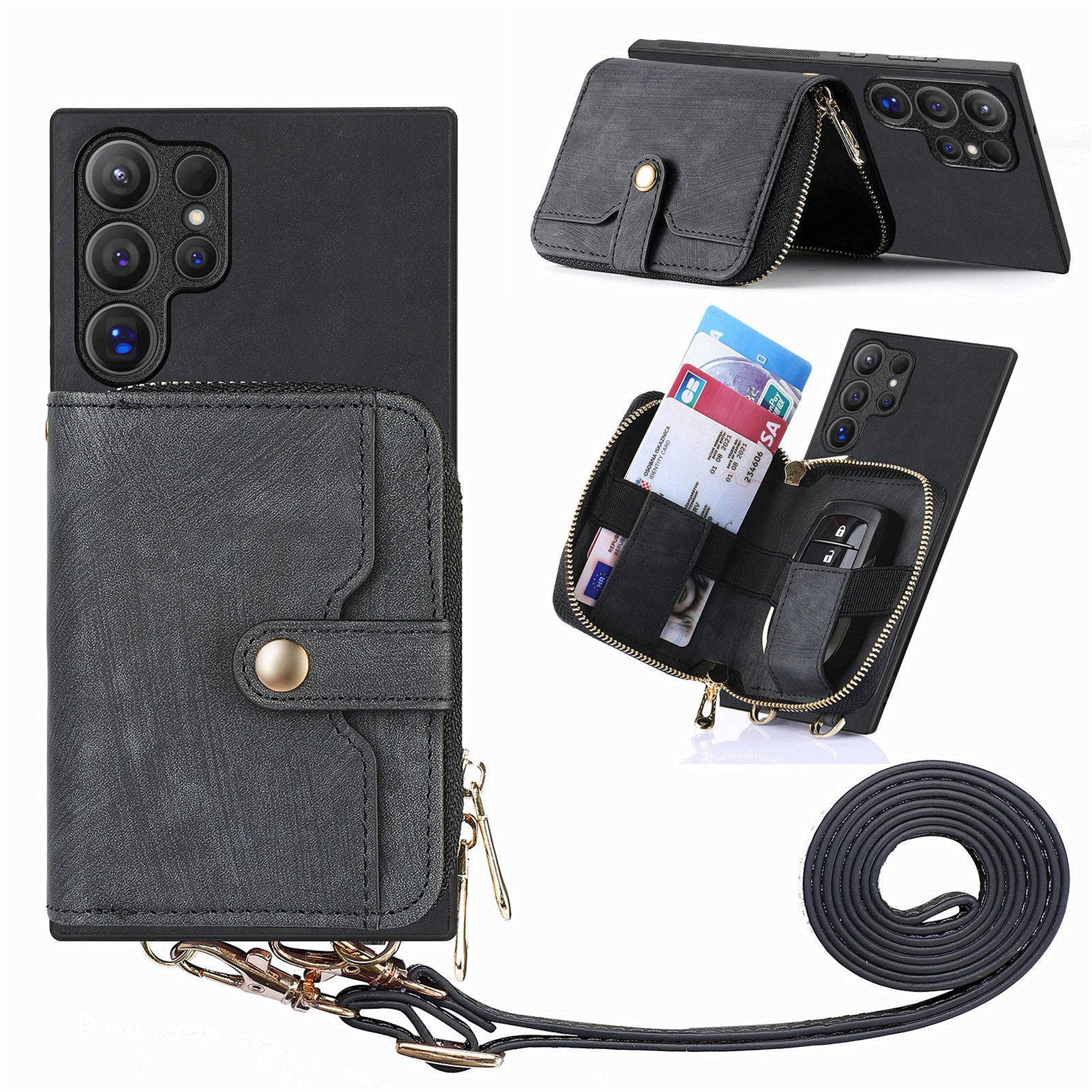 

For Samsung Galaxy S25 Ultra PU Leather Phone Back Cover with Zipper Card Holder and Long Strap Black