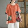 Cotton and Linen Fat Mm Large Size Short-sleeved T-shirt Summer Retro Loose Wild Casual Fake Two-piece Color Matching Printed Top