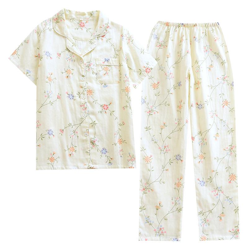 Cotton pajamas women, spring and summer flower gauze short-sleeved trousers set, double-layer gauze simple loungewear