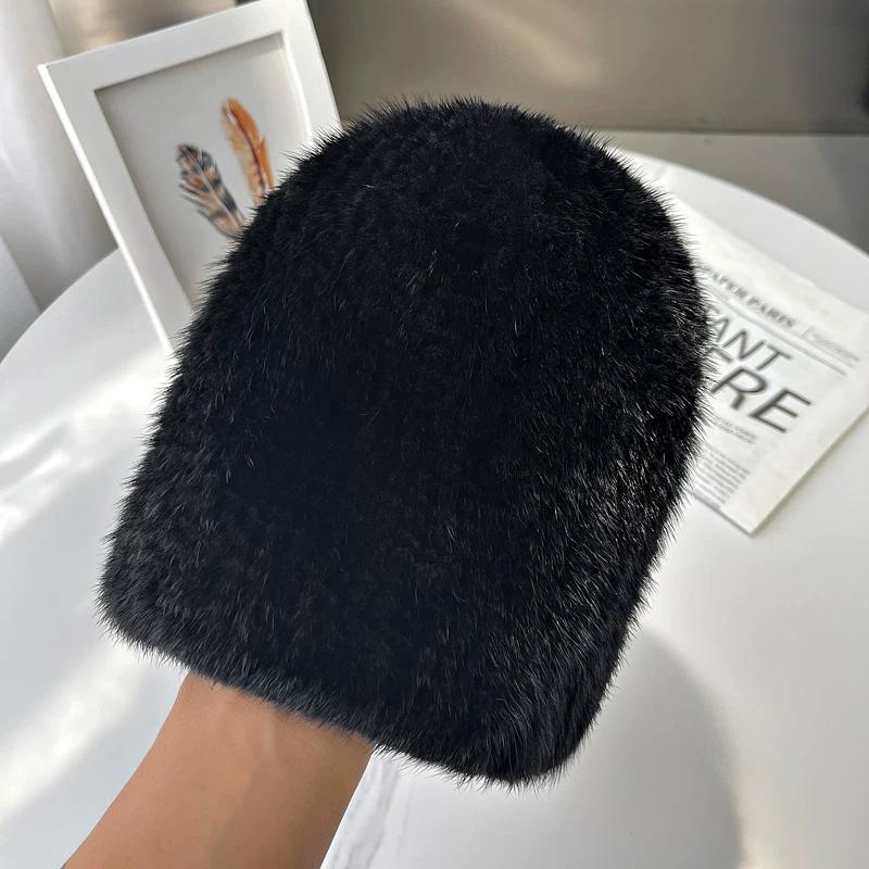

Autumn and Winter Warm Women s Double-sided Mink Hair Woven Fur Hat Retro Versatile Fashion Elastic Melon Rind Small Round Hat elastic чёрный