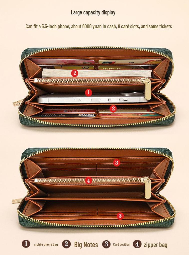 Women's Large Capacity Genuine Leather Wallet Clutch with Zipper Card Holder & Wrist Strap - Fashionable & Casual Style