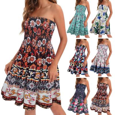 Damen-Sommerkleid, schulterfrei, Bandeau, ärmellos, rückenfrei, böhmisches Blumenmuster, A-Linie, elastische Brust, knielang, Urlaubs-Strandkleid