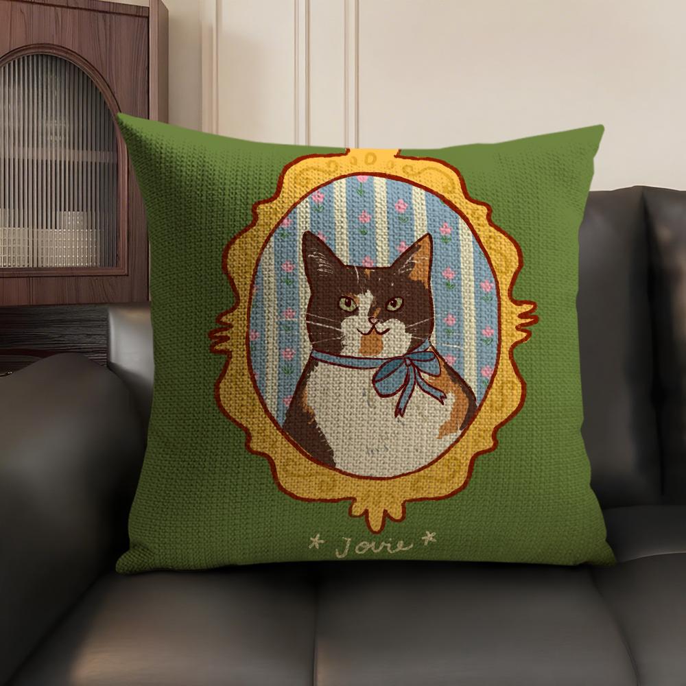 Cute Caroon Cat Portrait Cushion Cover Natural Linen Organic Fabric Double-Sided Printing Sofa Home Decor Gift Pillow Case