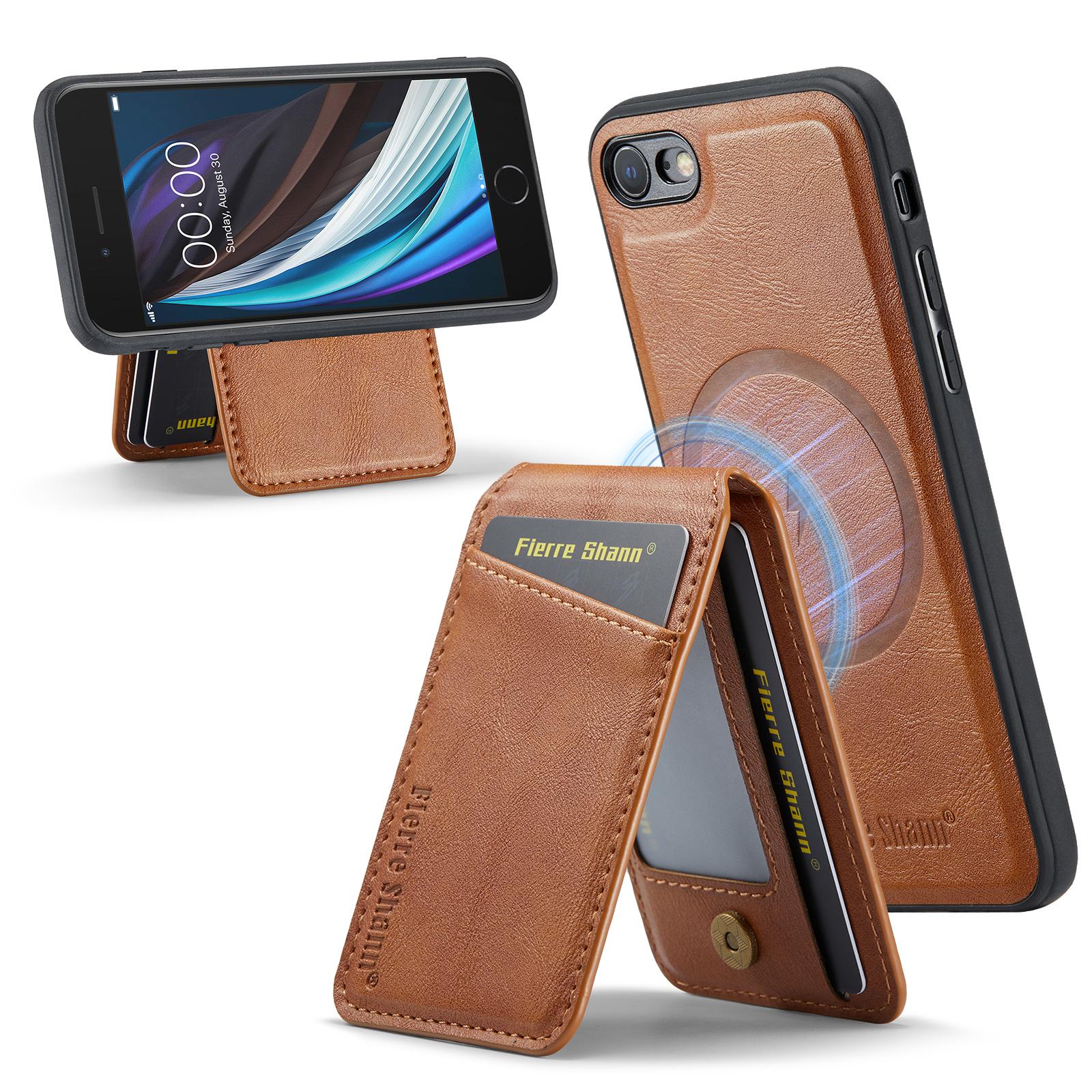 

FIERRE SHANN 025 Style Foriphone 7/8/SE (2020)/(2022) Kickstand Case Magnetic PU+TPU Phone Cover with Card Holder Brown