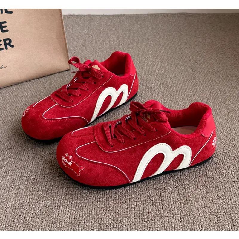 Women's Suede Cat Embroidery Casual Sneakers Retro M-Design Lace-Up Trainers Lightweight Soft Sole Walking Shoes