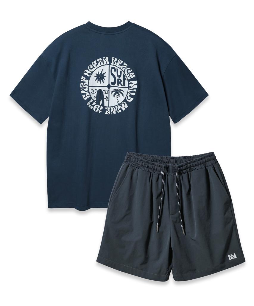 ALVINCLO [Set] 1971 Surf Oversized Short Sleeve Tee And String Detail Woven Shorts Set