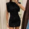 Round Neck Holiday Party Dress Fly Sleeve Silm Evening Dress Shining Sequin Mini Dress  Daily