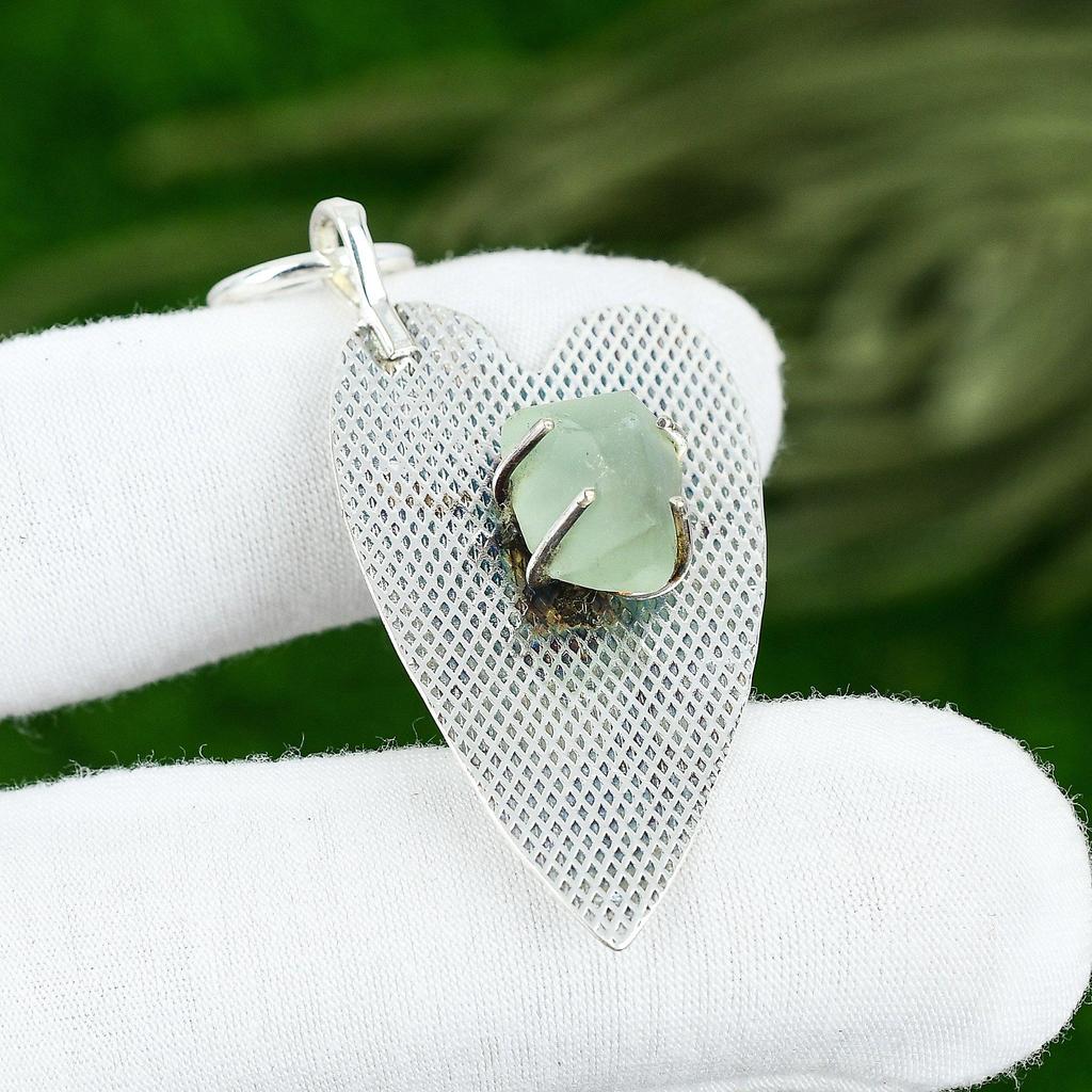 Sterling Silver Natural Prehnite Rough Birthday Bezel Artisan Engagement Pendant