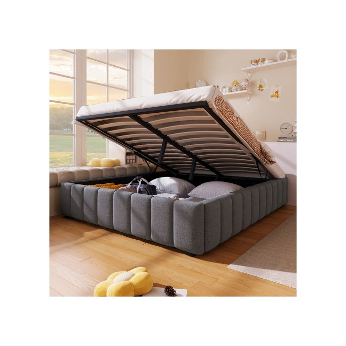 Lit - MUVOE - 140x200cm - Rembourré - Support Hydraulique - Sans Tête De Lit