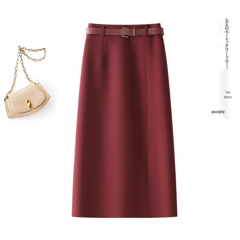 2025 Women s High-Waist Wool Midi Skirt: Side-Slit, Thickened, Versatile A-Line for Winter XXL красный