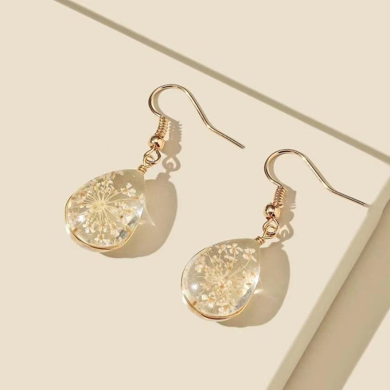 

Instagram Style Handmade Glass Earrings with Natural Dried Baby’s Breath, Adorable Pressed Floral Design United States