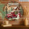 2D Flat, 1pc Round Merry Christmas Vintage Aluminum Hanging Ornament, Snowy Cabin Pine Tree Holly Berry Winter Scene Print, Metal Wall Door Hanging