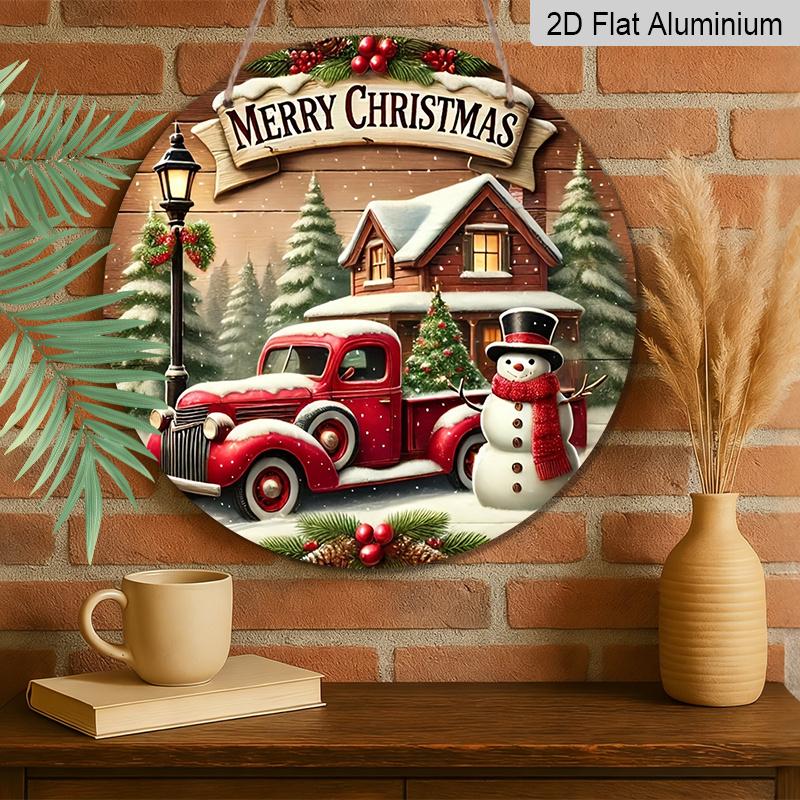 2D Flat, 1pc Round Merry Christmas Vintage Aluminum Hanging Ornament, Snowy Cabin Pine Tree Holly Berry Winter Scene Print, Metal Wall Door Hanging