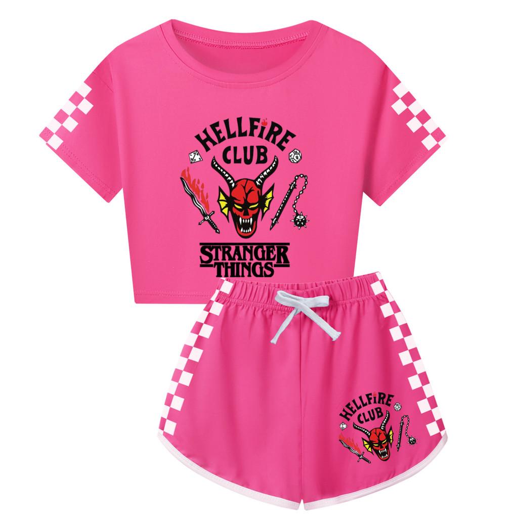 5253 Kinder Jungen Mädchen Stranger Print Kurzarm T-Shirt Hose Schlafanzug Schlafkleidung Set
