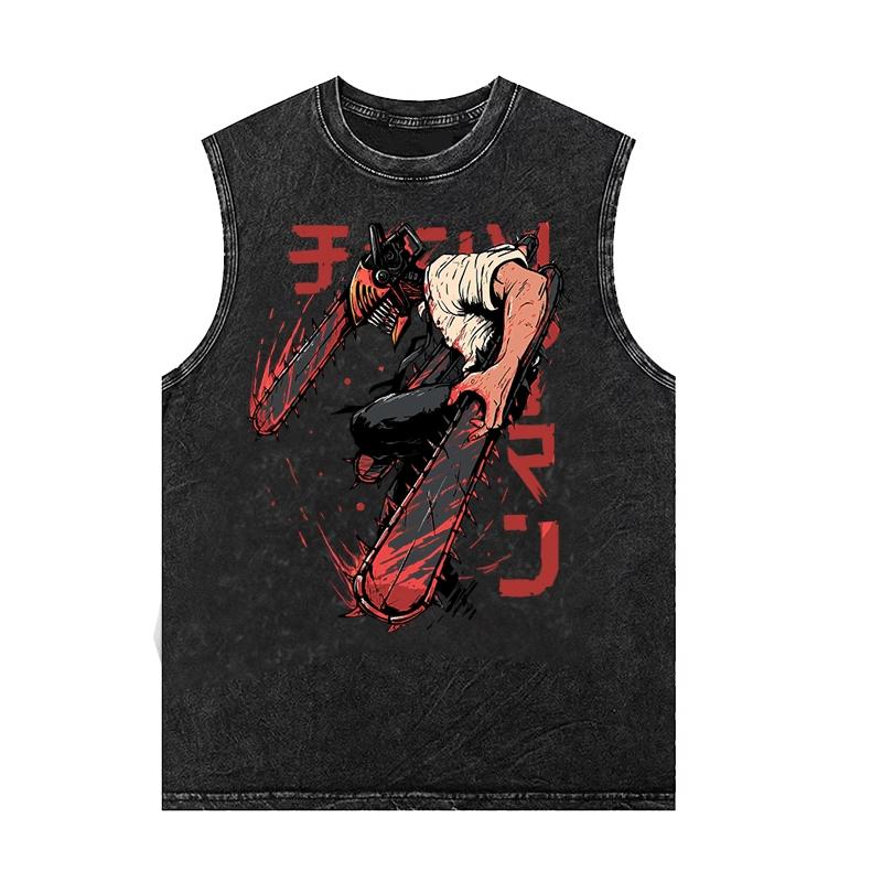 

Japanese Chainsaw Man Anime Short-Sleeved Vest Gym T-Shirt Vintage Washed Aged Trendy Men s Women s Sleeveless Tank Top 3XL