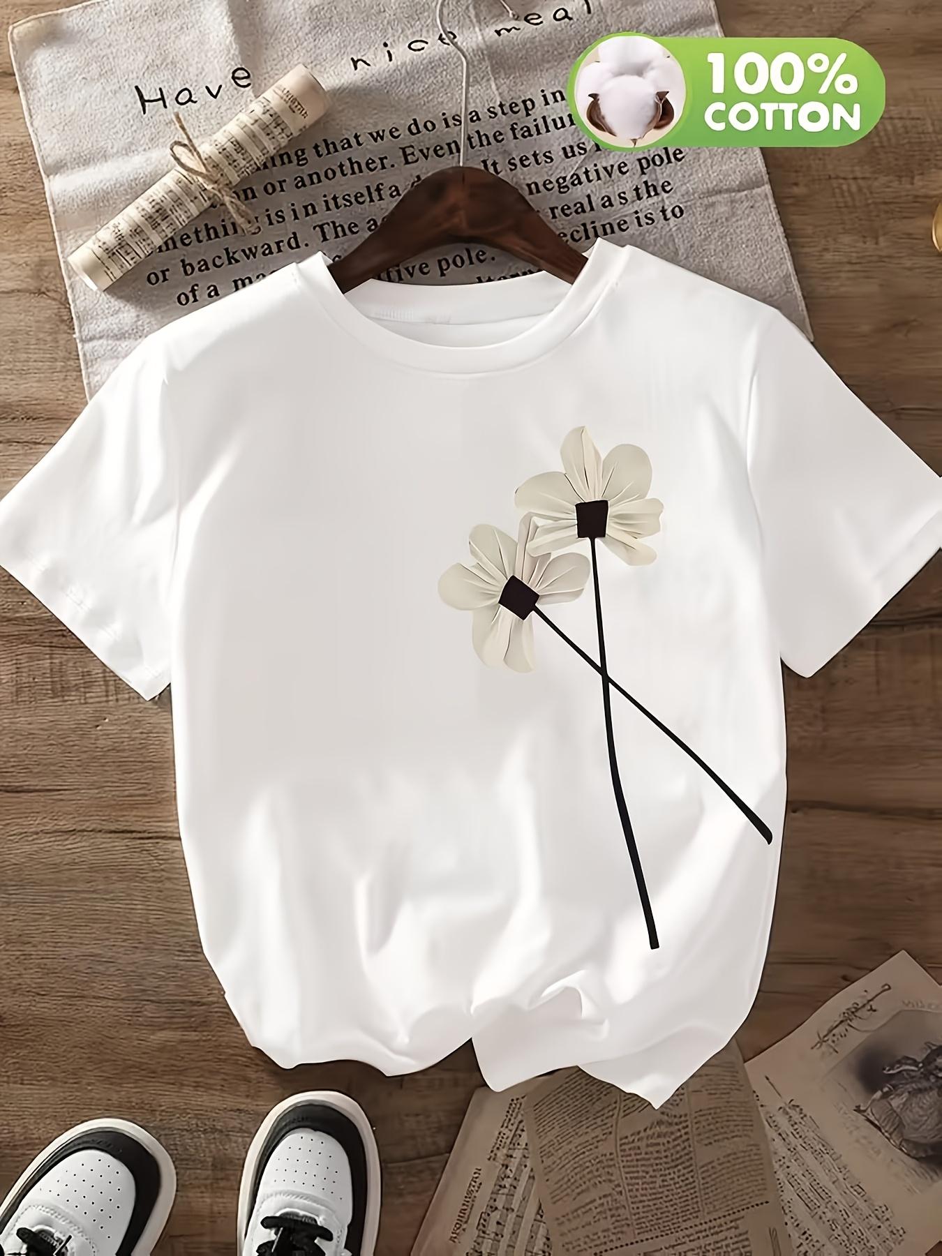 

European Size Women s White Floral Print T-Shirt - Soft Breathable Short Sleeve Round Neck Relaxed Loose Fit Top 4XL