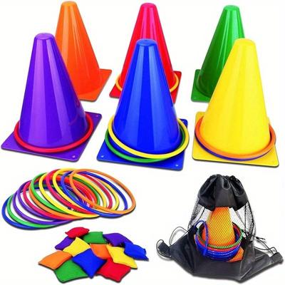 Mehrfarbiges Kegel- und Ringwurfspiel-Set für Kinder, Ringwurf-Sportspiel für den Boden im Freien, Sinnestraining mit Logo-Fässern, inklusive Tragetasche