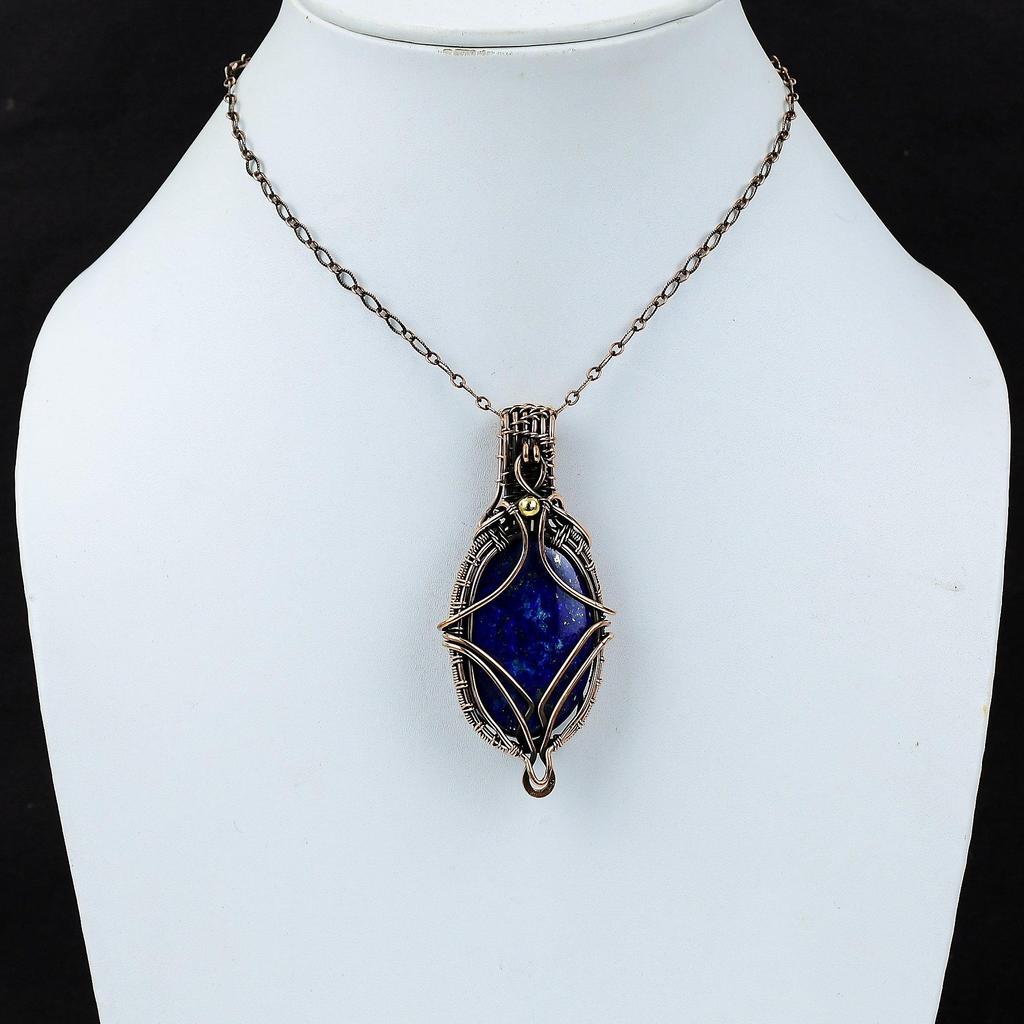 Lapis Lazuli Gemstone Pure Copper Wire Wrapped Handmade Pendant Jewelry For Her