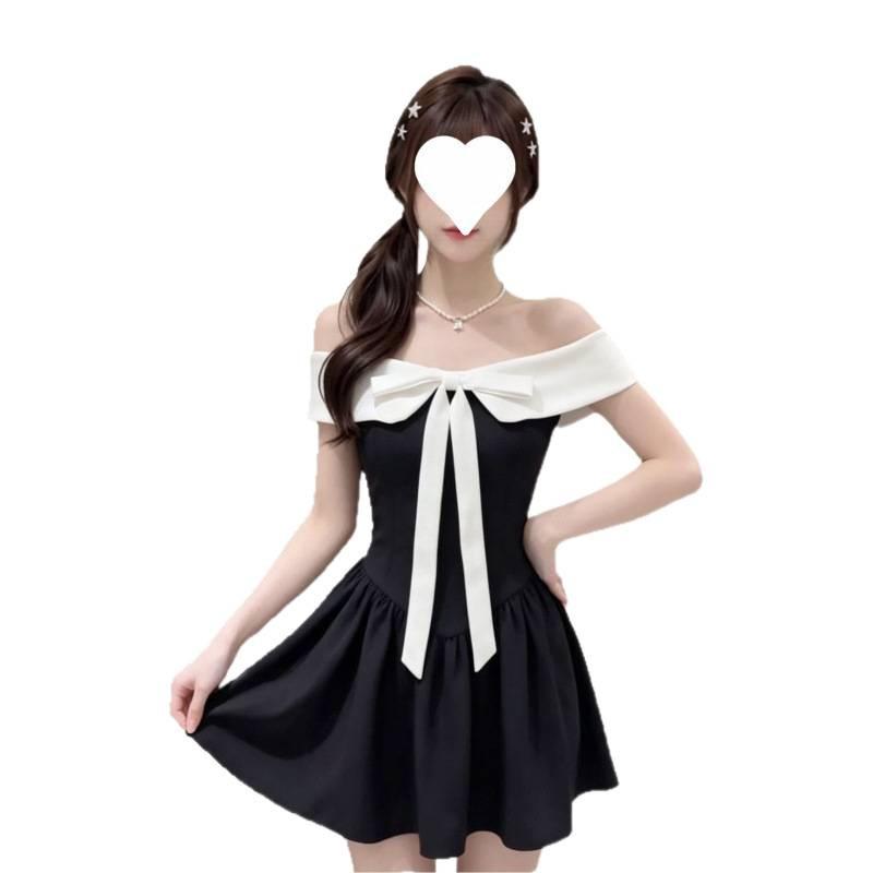Summer new one-word shoulder bow dress women's black and white contrasting colors waist thin sweet and spicy style pure desire short skirt