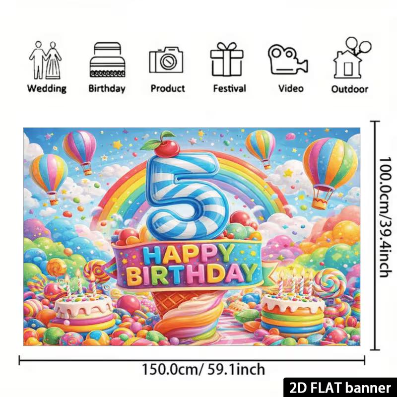 2D Sweet Candy 5th Birthday Backdrop, Rainbow Cake Lollipop Photography Background Banner