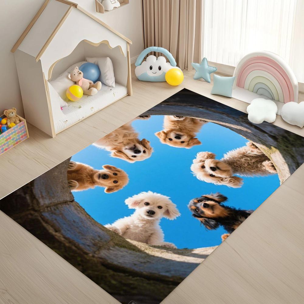 3D Cute Dogs Looking Down From Manhole Area Rug Non Slip Washable Carpet for Kids Room Playroom Bedroom Living Room Home Decor 40cm x 60cm