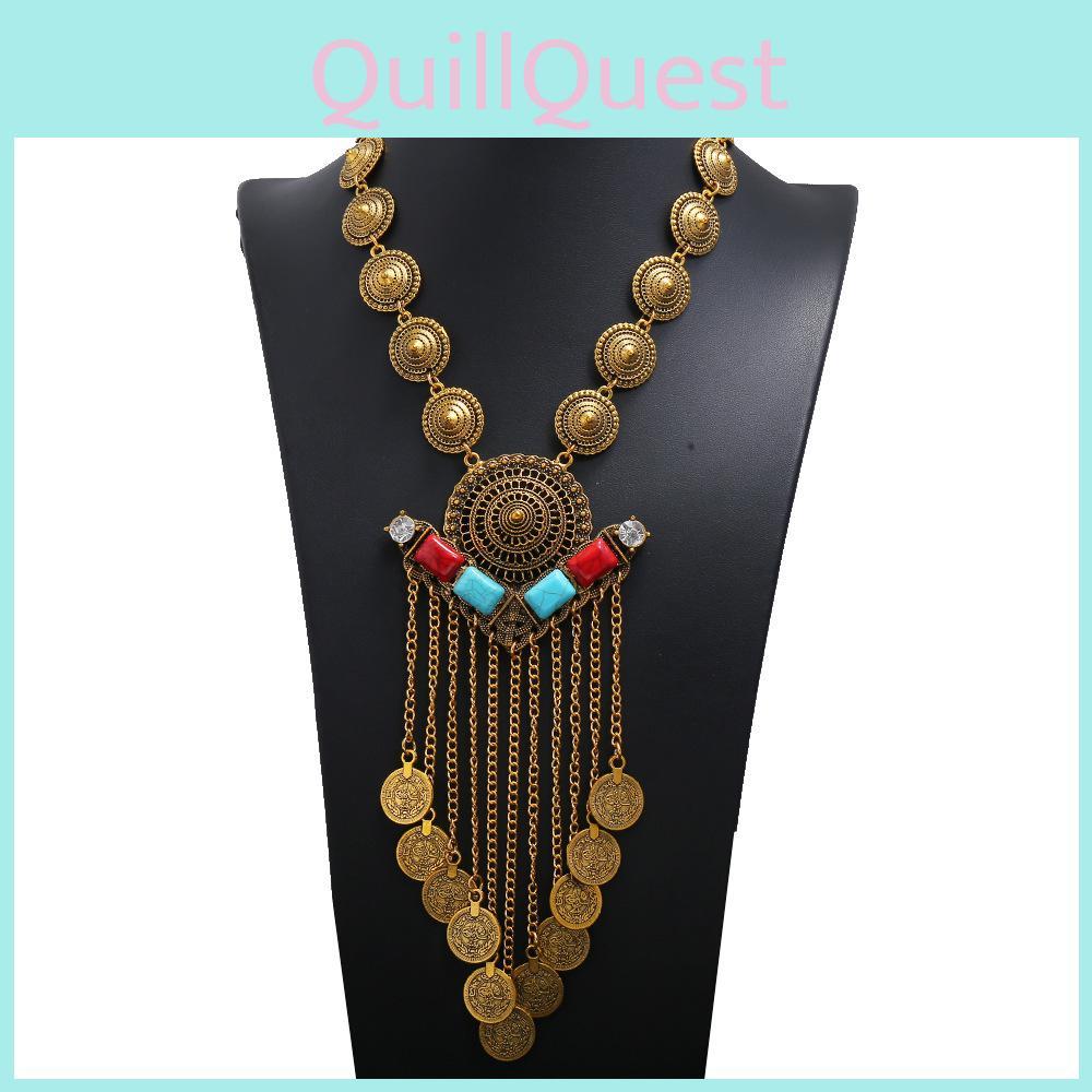 Multilayer Women Retro Coin Long Pendant Necklace With Alloy Chain Waterfall