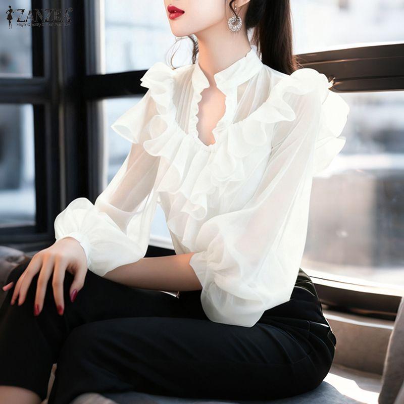 ZANZEA Women Casual V-Neck Long Sleeve Loose See-Through Cover Up Blouse