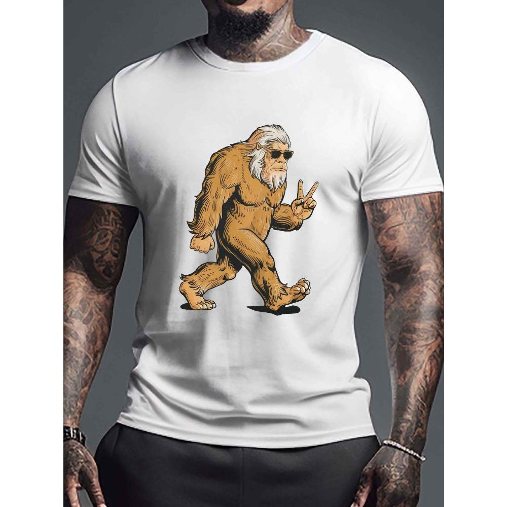 European Sizes Casual T-Shirt, Rock Sasquatch with Glasses, Geometric Pattern, Crew Neck, Regular Fit, Slight Stretch, Summer Wear