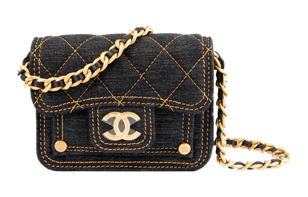 Chanel 23s Double You Diamond-Pattern Leather Chain Denim Single-Shoulder Messenger Bag Mini Women'S Black
