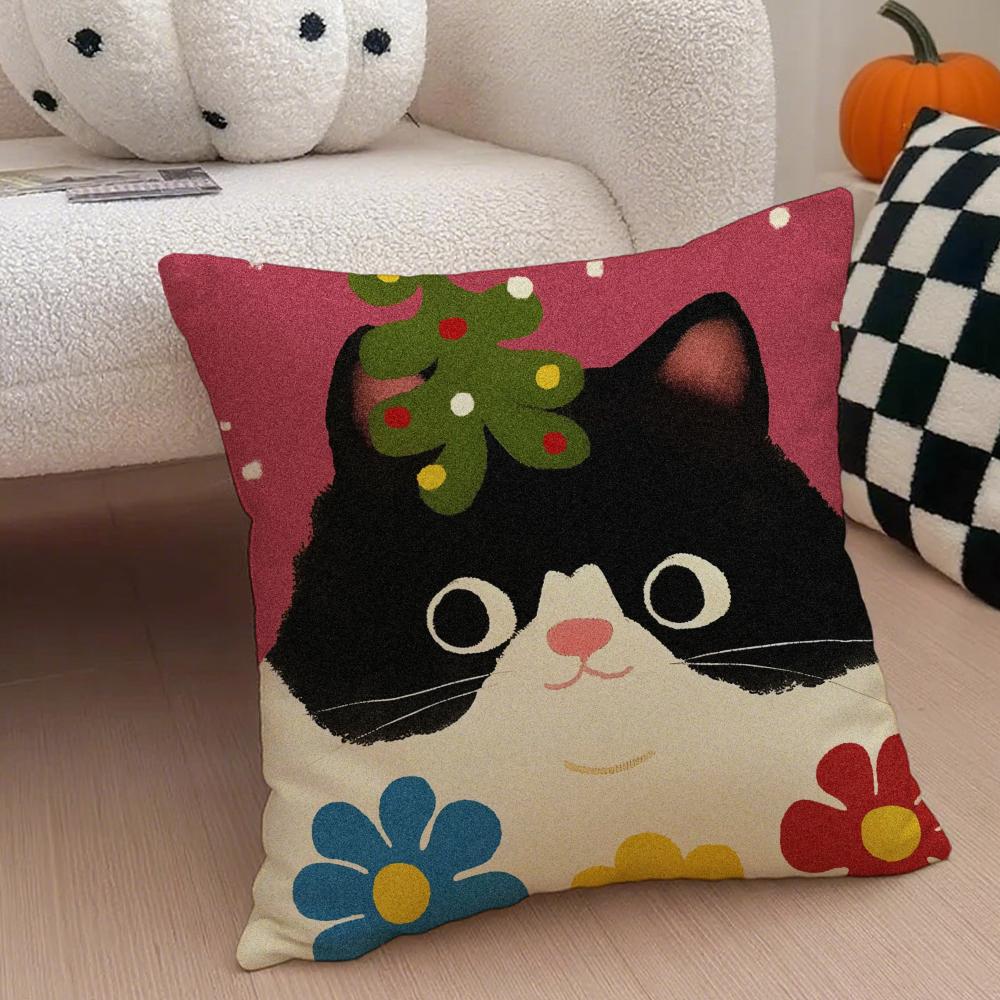 Cozy Cartoon Christmas Gift Cute Cat Cushion Cover Linen Pillow Case Soft Breathable Protective Couch Room Decoration
