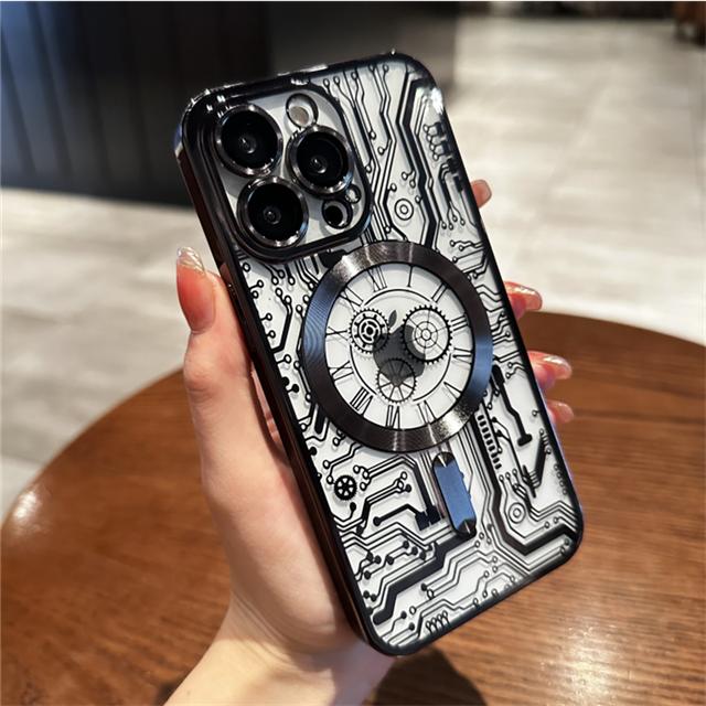For iPhone 15 Pro Max Luxury Plating Magsafe Magnetic Mechanical Pattern Phone Case For iPhone 11 12 13 14 Plus Protective Cover
