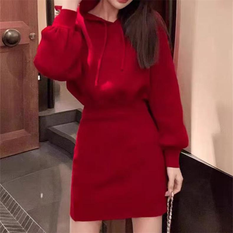 Korean Style 2025 Autumn/Winter Hooded Knit Sweater Dress - Women's Fashion Slimming Trend