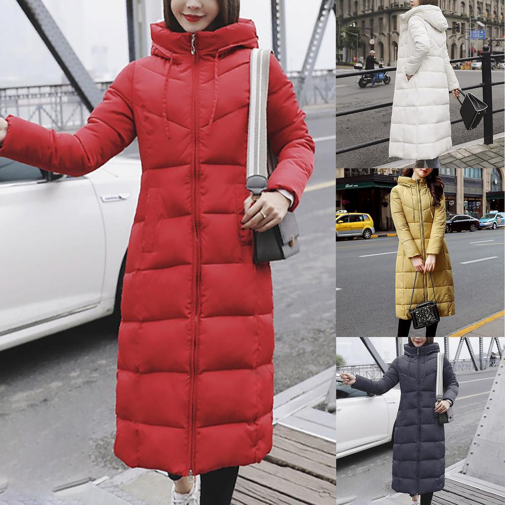Womens Ladies Warm Plus Size Solid Color Hooded Single Breasted Medium Length Cotton Jacket Waistcoat Slim Cardigan Coat