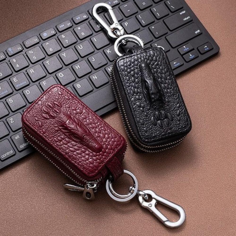 Genuine Leather Double Layer Car Key Case Crocodile Print Zipper Holder Keychain Organizer For Men Women Key Wallet Accessories