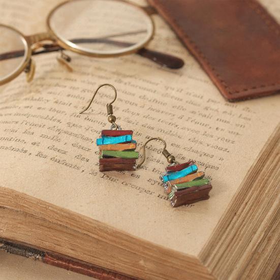 Yousheng 1 Pair Women Earrings, Retro Mini Stacked Book Design Hook Earrings, Lightweight Literary Drop Earrings for Jewelry Gift