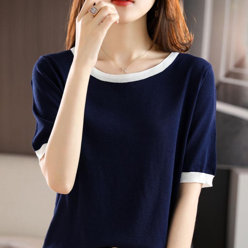 Crew Neck Color Matching Knitted Short-sleeved Summer New Loose and Versatile Foreign Style Thin Bottoming Shirt Top