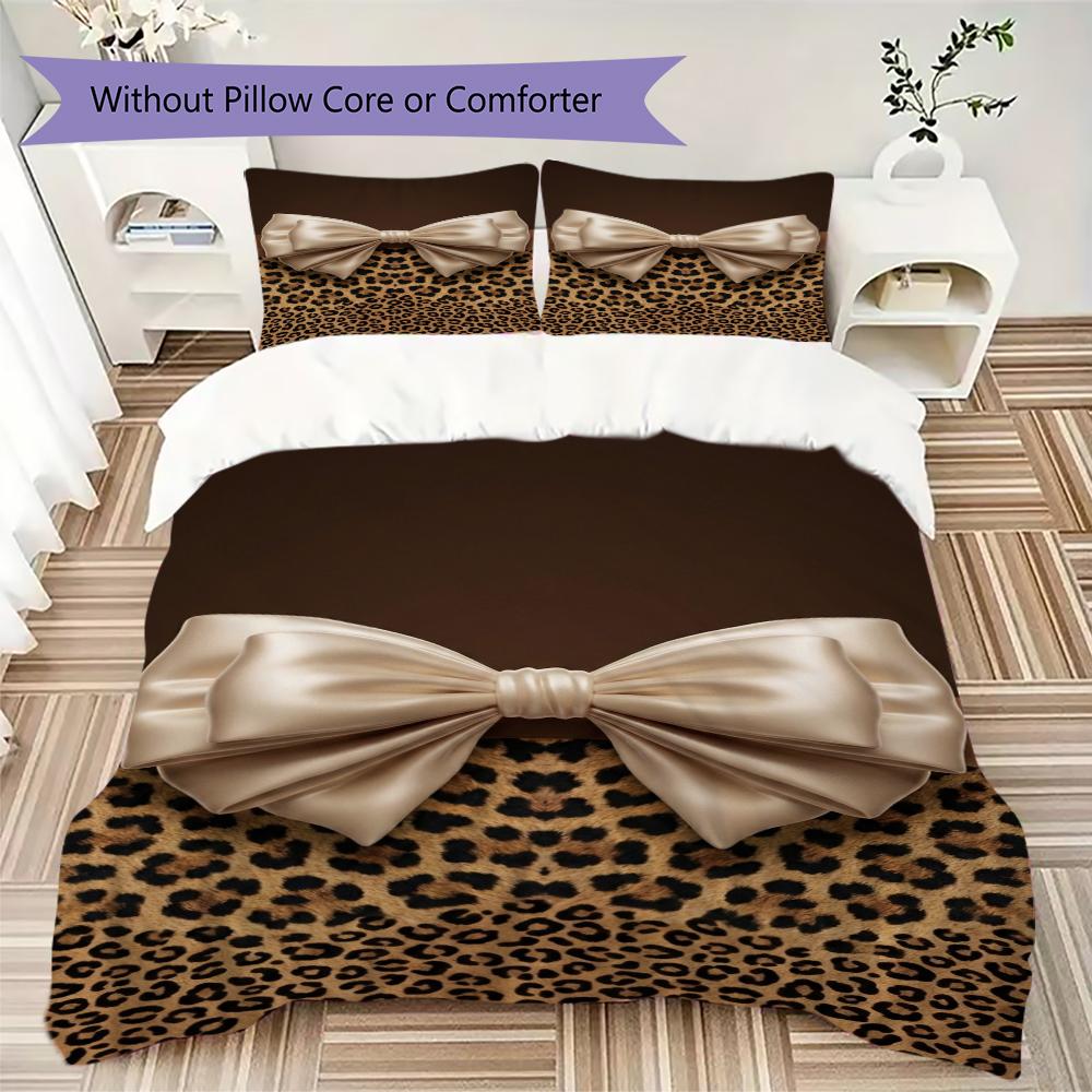 Leopard Print Bow Pattern Bedding uilt Set uilt Cover Pillowcase Home Decoration Birthday Gift (1 * duvet cover + 2 * pillowcase without core)91