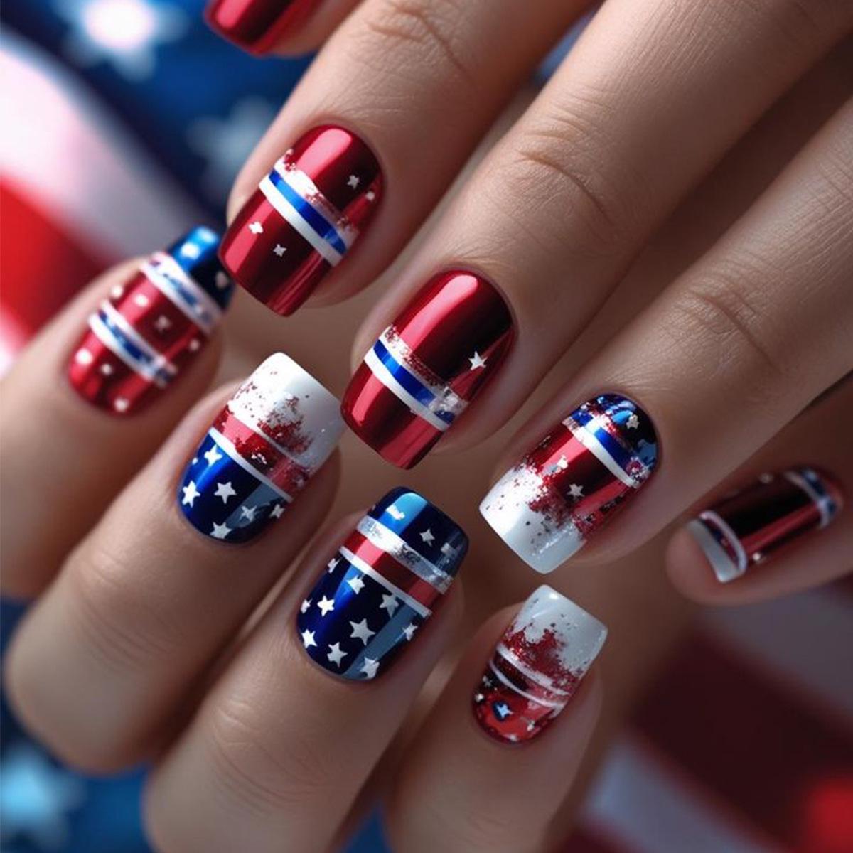 Independence Day Classic Flag Stars Square Nails - American & European Style Short False Nails