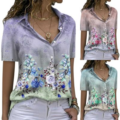 Women's Fashion Casual Printed Button Lapel Short Sleeve Shirt Tops Blouse