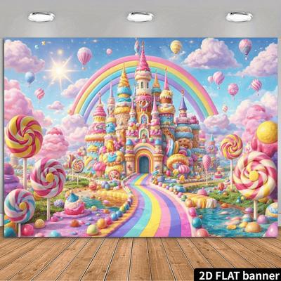 2D Flat Macaron Candy Castle Background Fabric Rainbow Gradient Road Theme Multi-layer Frosting Castle, Wall Decoration