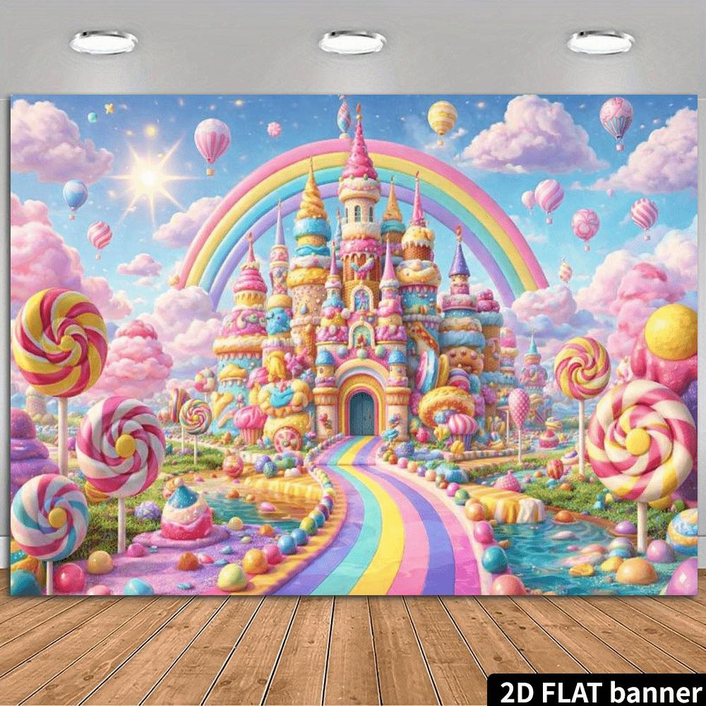 2D flat macaron candy castle background fabric rainbow gradient road theme multi-layer frosting castle, wall decoration