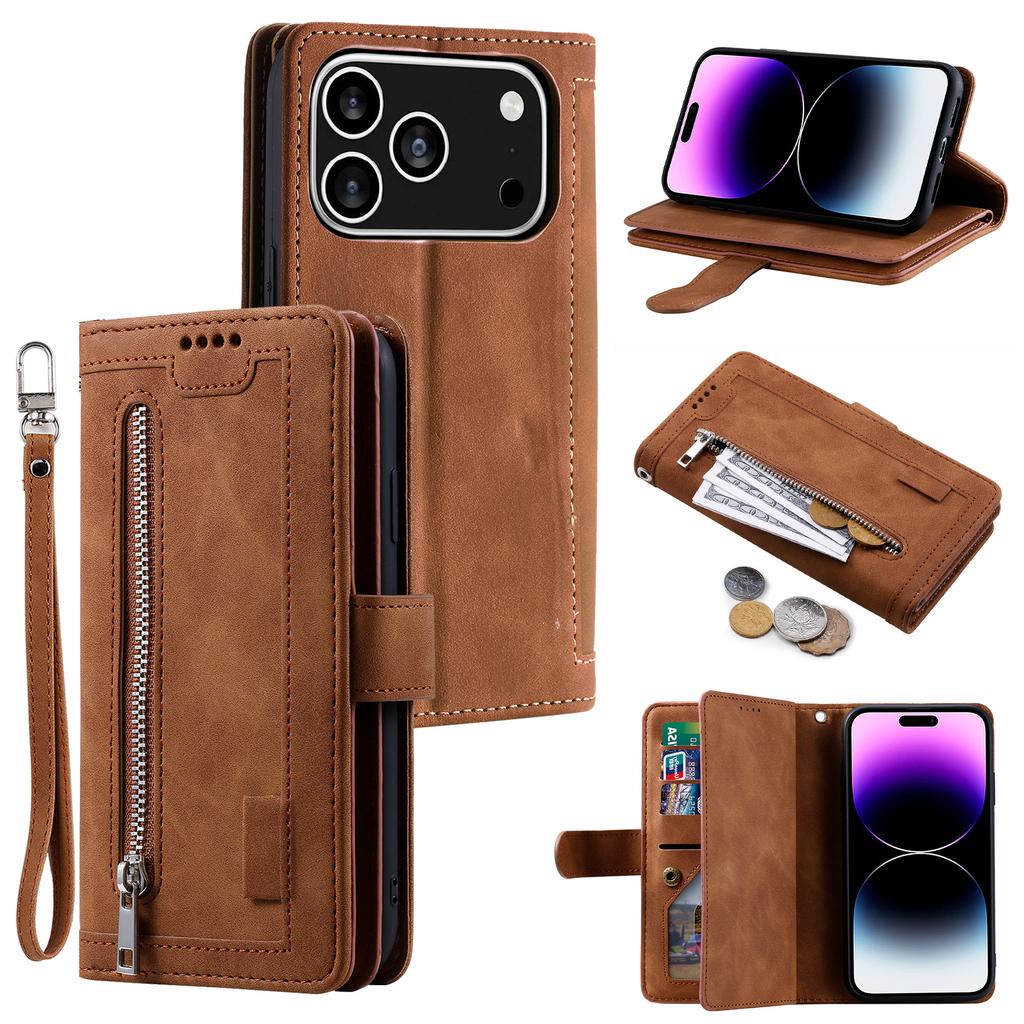 For iPhone 17 Pro Case 9 Card Slots Zipper Wallet PU Leather Phone Cover with Wrist Strap