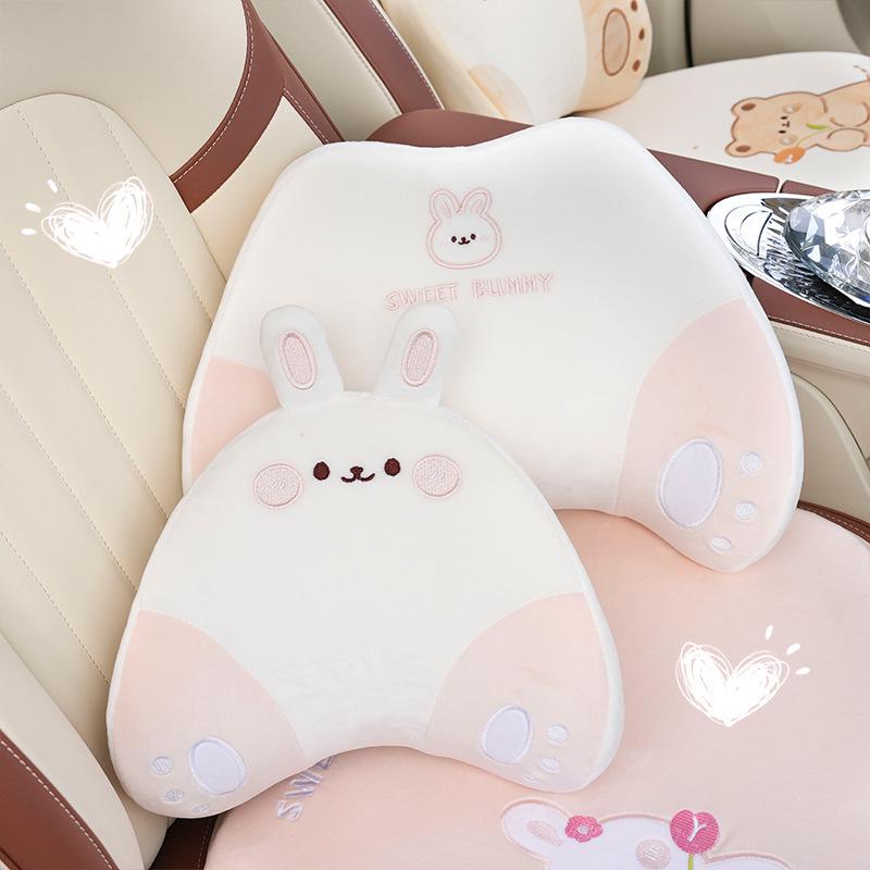 Car Headrest Neck Support Pillow Pair, Cute Bear & Rabbit Memory Foam Plush Lumbar Support Backrest.