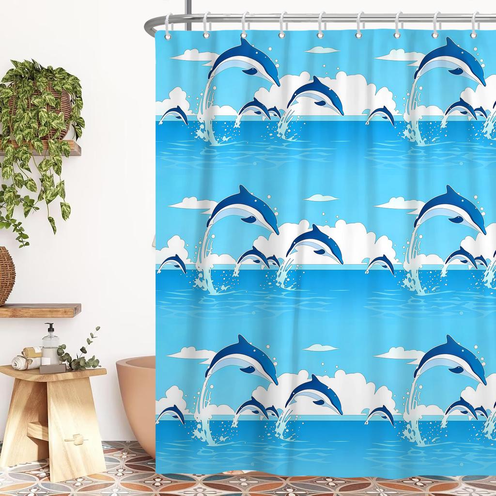 Dolphin Print Cartoon Shower Curtain Ocean-Themed Bathroom Curtain Cute Wind Curtain For Kid Room Bathroom Polyester With Hooks