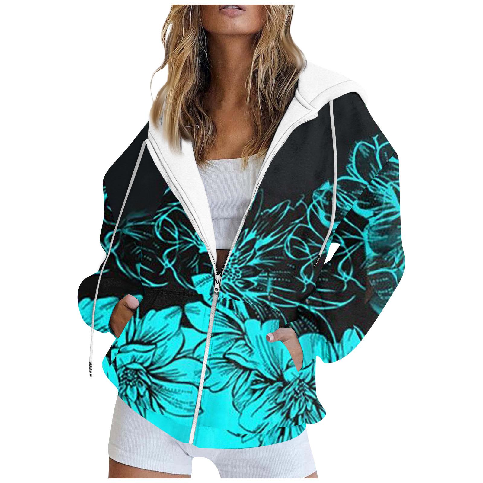 

Женская модная повседневная толстовка с принтом, осенне-зимняя куртка-кардиган с длинными рукавами и карманами, куртка с капюшоном на молнии, пальто XXL циан