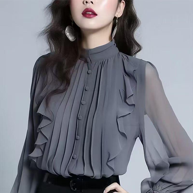 

Fashion High-end Sense of Spring and Autumn High-end Chiffon Stand-up Collar Ruffled Shirt Women s French Long-sleeved Small Shirt Top S сірий колір